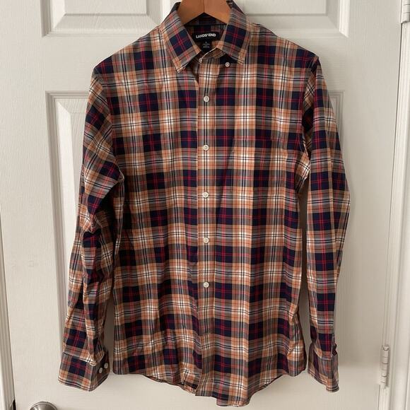Lands End Button Up Shirt Men S Tan Blue Plaid Cotton No Iron Twill Preppy - Picture 1 of 4